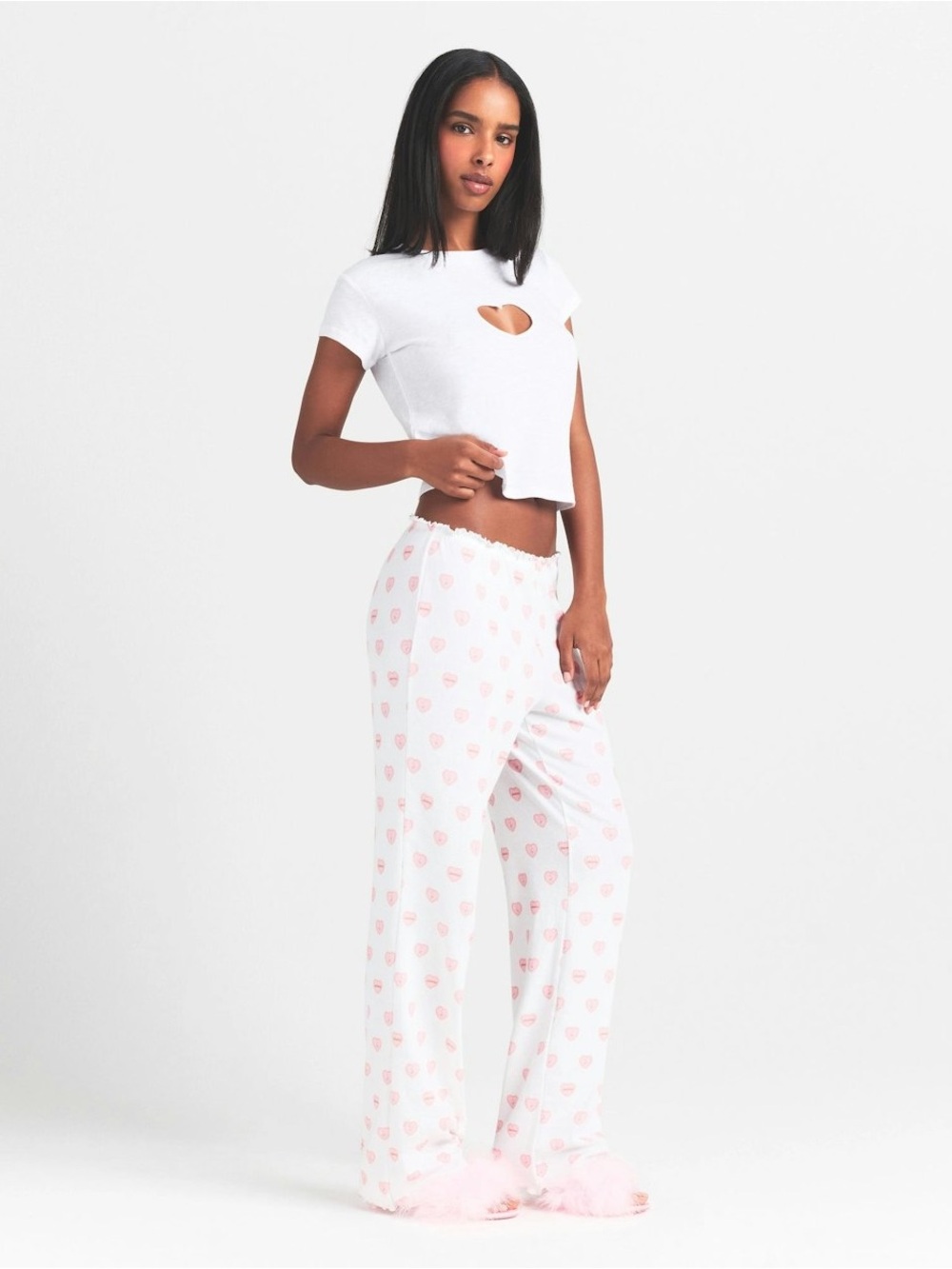 SKIMS POINTELLE STRAIGHT LEG PANTS SNOW LACE HEARTS XS - Picture 2 of 8